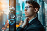 Young Asian businessman analyzing financial market data on virtual screen, contemplative pose with hand on chin, wearing glasses and suit in modern office.