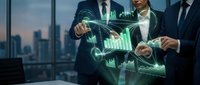 Business professionals analyzing holographic financial data and charts in modern office with city skyline view for corporate presentations and reports.