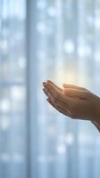 Cupped hands held open with a soft glowing light, set against a blurred white curtain bokeh background, evoking hope, faith, and spirituality.
