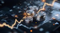 Stacked coins on financial chart with glowing trading line and sparkles, dramatic lighting creates depth and movement. For finance and investment concepts.