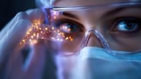Close up view of medical professional wearing protective goggles and face mask examining glowing genetic material in laboratory setting with dramatic purple lighting.