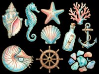 Watercolor ocean clipart set with seahorse, shells, starfish, coral, anchor, ship wheel, bottle, and sea glass, isolated on transparent background for stickers, T-shirts, print on demand.