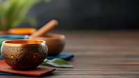 Traditional copper singing bowl with ornate patterns on wooden surface with herbs and spices for meditation, sound therapy and wellness practices.