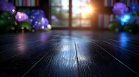 Dark wooden floor with blurred festive lights and bokeh effects creating magical atmosphere, low angle view with dramatic lighting and reflective surface.