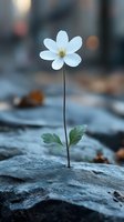 Delicate white anemone flower growing alone through rocky ground with soft blurred background, symbolizing resilience and hope in nature.