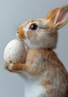 Adorable ginger bunny holding white speckled egg against light background. Close-up view shows soft fur texture and expressive brown eye. Easter holiday concept.