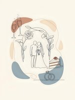 Wedding celebration line art with couple under floral arch, champagne glasses, cake and rings in modern minimalist style for romantic design projects.