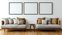 Modern living room interior with two beige sofas, brown and cream cushions, wooden side table, and three empty black frames on light gray wall for mockup design.