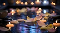 Romantic spa setting with floating candles and rose petals in water creating peaceful ambiance for relaxation and wellness treatments.
