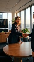 Professional businesswoman shaking hands with colleague in modern office meeting room with city skyline view during successful business negotiation.