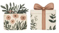 Watercolor gift box with brown bow and floral pot with pink flowers, green leaves in pastel colors. Decorative botanical elements in minimalist style.