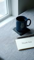 Thank you card with pen and blue ceramic mug on slate coaster near window, minimal desk setup for gratitude and appreciation concepts.