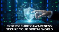 Cybersecurity awareness concept with businessman hand touching digital shield icon and network connections on blue technology background.