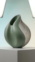 Sage green ceramic vase with organic teardrop silhouette and textured mesh pattern detail on neutral platform, contemporary home decor and interior design accent.