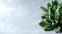 Frost-covered green succulent plant with sparkling ice crystals on leaves against soft blurred winter background for seasonal nature designs.