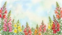 Watercolor snapdragon flowers in pink, red, and yellow frame a soft pastel sky background, creating a charming floral border with copy space.