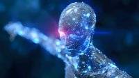Glowing translucent human figure with constellation-like light points against dark background, representing artificial intelligence and digital transformation concept.