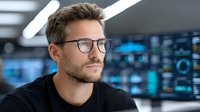 Professional Caucasian male analyst with glasses working in modern data center with digital screens and technology monitoring systems in background.