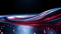 Glowing neon wave with flowing particles and bokeh lights in blue and red tones, suitable for tech backgrounds, digital design, and modern visual effects.