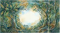 Watercolor forest frame with lush green trees, branches, and foliage forming a circular opening for text or design elements.