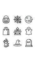 Halloween line icons set with pumpkin, spider web, moon, shopping bag, haunted house, ghost, witch cat, hat and tombstone on white background.