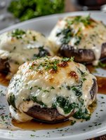 Stuffed mushroom caps with melted cheese, spinach and herbs in creamy sauce on white plate, macro food photography for restaurant menu or cookbook.