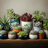 Collection of diverse succulent plants in colorful ceramic pots arranged on wooden shelf for home decor and indoor gardening projects.