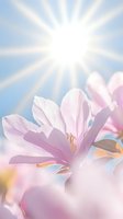 Pink magnolia flower petals in soft focus against bright sunburst and blue sky background, creating dreamy spring atmosphere.