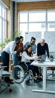 Diverse business team collaborating in modern office with woman in wheelchair leading project discussion. Inclusive workplace teamwork and accessibility concept.