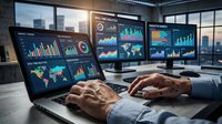 Business analyst working on laptop with financial data dashboards and analytics charts in modern office environment at sunset.