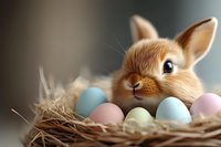 Adorable brown bunny rabbit peeking over Easter nest with pastel colored eggs in natural hay, close-up portrait against soft blurred background.