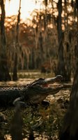 Dangerous alligator with open jaws resting in swamp during golden hour sunset creating dramatic wildlife scene in natural wetland habitat.