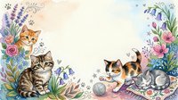 Adorable kittens playing in spring garden with lavender flowers and yarn balls on watercolor background for nursery decor and greeting cards.