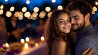 Romantic couple embracing at evening celebration with glowing bokeh lights and candles in background, sharing intimate moment during outdoor dinner party.