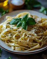 Fresh fettuccine pasta with grated parmesan cheese, black pepper, and basil leaves served on ceramic plate, close up view of traditional Italian cuisine.