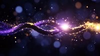 Magical glowing wave with sparkling purple and gold particles flowing on dark background, creating ethereal light trail effect for fantasy designs.