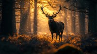 Majestic red deer stag silhouetted in misty golden forest at sunrise, standing among ferns with sunbeams streaming through trees creating magical atmosphere.