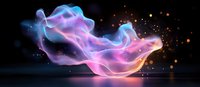 Abstract flowing smoke in neon pink and blue colors with glowing particles on dark background, dynamic ethereal movement creates magical atmosphere.