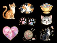 Cute watercolor cat sticker set isolated on transparent background, featuring kittens, paw prints, yarn, and fish bowl, ready for t-shirts, clipart, and print on demand.