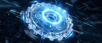 Glowing blue digital sphere with circuit patterns and data streams, representing artificial intelligence, technology innovation, and futuristic computing systems.