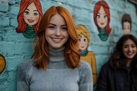 Young redhead woman in gray turtleneck sweater smiling at camera, standing against turquoise wall with colorful cartoon character murals and friend in background.