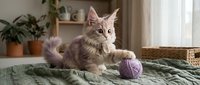 Adorable tabby kitten playing with purple yarn ball on cozy bed in bright home interior with plants and natural light streaming through window.