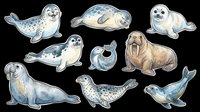 Watercolor seals and walruses sticker set, isolated on transparent background. Cute arctic marine animals clipart for t-shirt design, print on demand, and stickers.