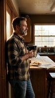 Middle-aged Caucasian man with gray beard holding coffee mug in rustic kitchen, gazing thoughtfully out window in warm morning light.