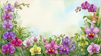 Watercolor floral border with colorful orchids in pink, purple, yellow and white on soft green background with copy space.