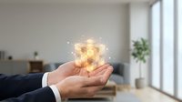 Businessman hands holding glowing lightbulb with sparks in modern office space representing innovation creativity and bright ideas for business success.