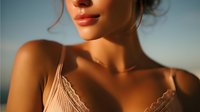 Close-up portrait of young woman with glowing skin in lace top at golden hour sunset, showcasing natural beauty and soft lighting.