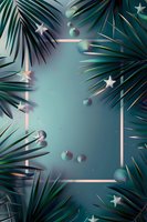 Tropical palm leaves frame with glowing stars and spheres on turquoise background. Festive holiday border with geometric elements and magical glow.