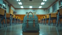 Modern teal backpack sits alone in empty classroom with stacked chairs, symbolizing education, back to school preparation, and student life essentials.