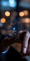 Digital network sphere with house icon floating above finger, glowing nodes and connections on dark background with bokeh lights, representing smart home technology.